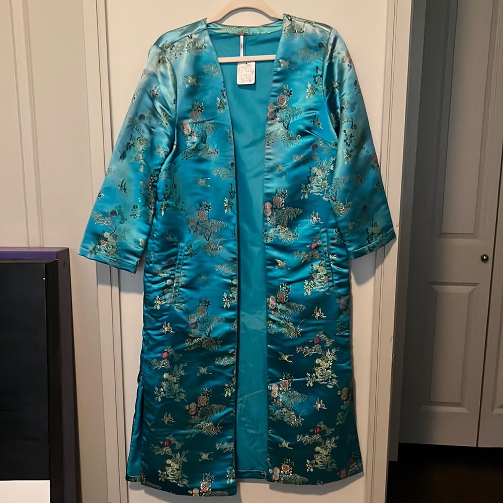 Free People Silk Robe Kimono with Pockets